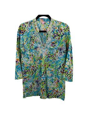 Lilly Pulitzer Womens Blue/Green Tunic Blouse Long Sleeve Embellished V-Neck